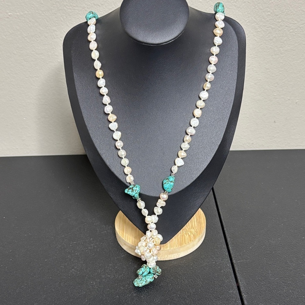 Freshwater Pearl Turquoise Long Knotted Necklace Boho Western​